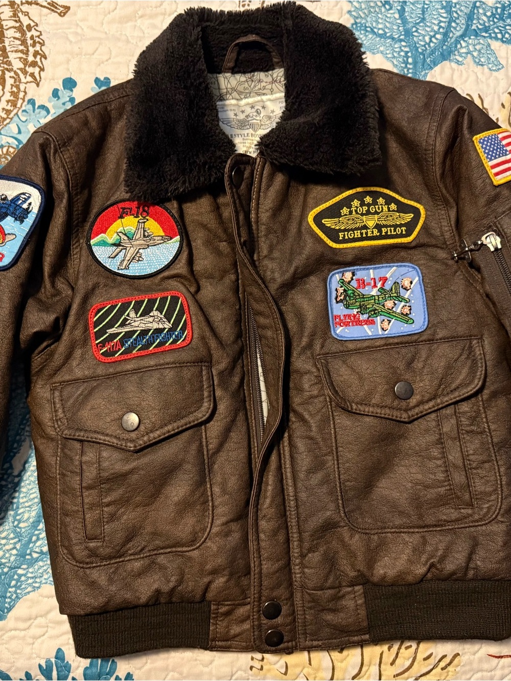 Kids Brown Faux-Leather wwII style Bomber Jacket with Patches - Top Gun Style